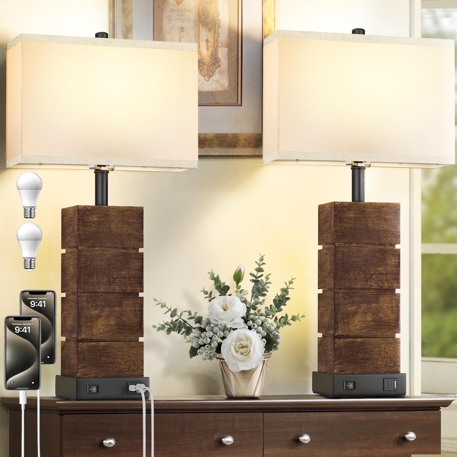 Farmhouse Table Lamps Set of 2 with 3 Color Temperatures